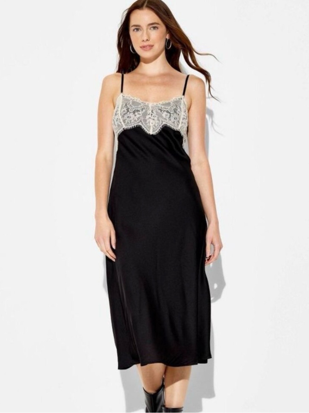 wild fable Black Slip Midi Dress with Ivory Lace Trim